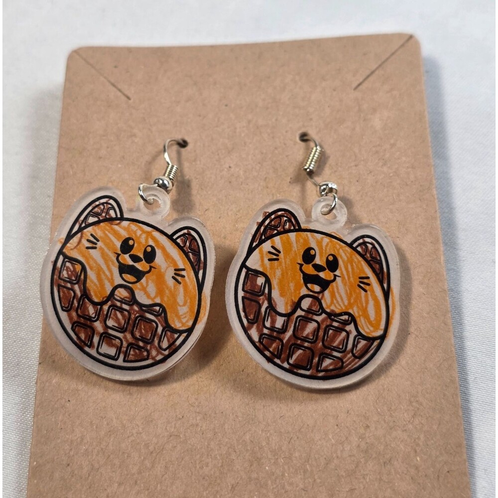 Cute Waffle Cat Acrylic Earrings Handmade Dangle Drop Quirky Foodie Jewelry